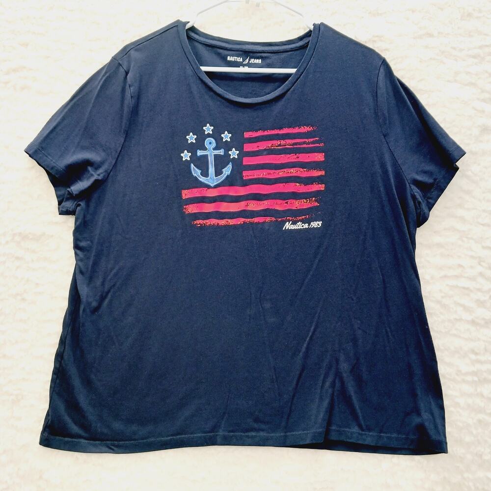 T-Shirt Women Navy Nautical Patriotic Coastal Resort Cruise Anchor Flag Size XXL